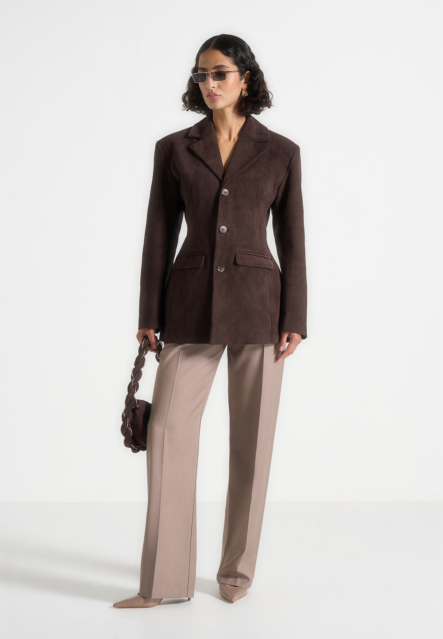 Claire - Suede Wide Shoulder Cinch Waist Blazer - Brown