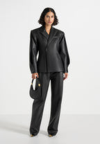 Marie - Twist Sleeve Leather Blazer with Belt - Black