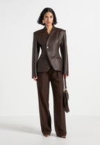 Ina - Leather Cinched Waist Kimono Blazer - Brown