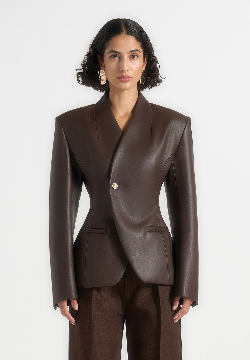 Ina - Leather Cinched Waist Kimono Blazer - Brown