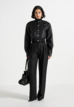 Zina - Leather Wide Shoulder Bomber Jacket - Black