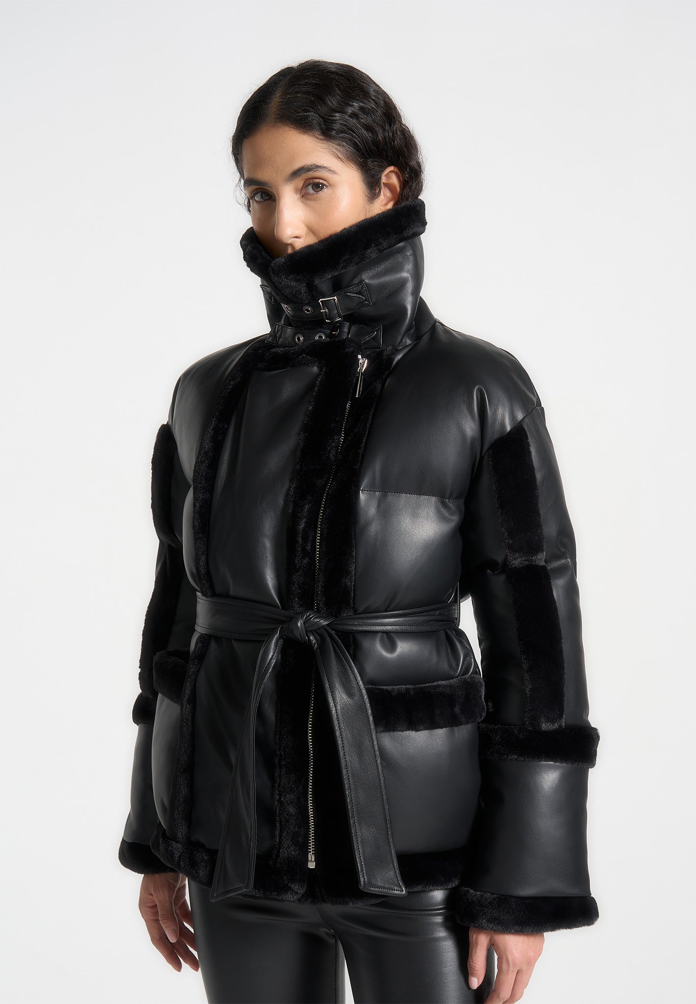 Blair - Leather and Plush Puffer Biker Jacket - Black