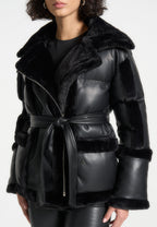 Blair - Leather and Plush Puffer Biker Jacket - Black