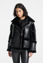 Blair - Leather and Plush Puffer Biker Jacket - Black