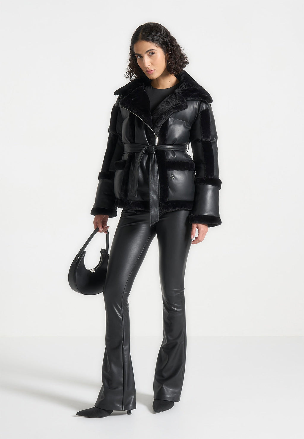 Blair - Leather and Plush Puffer Biker Jacket - Black
