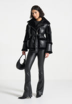 Blair - Leather and Plush Puffer Biker Jacket - Black
