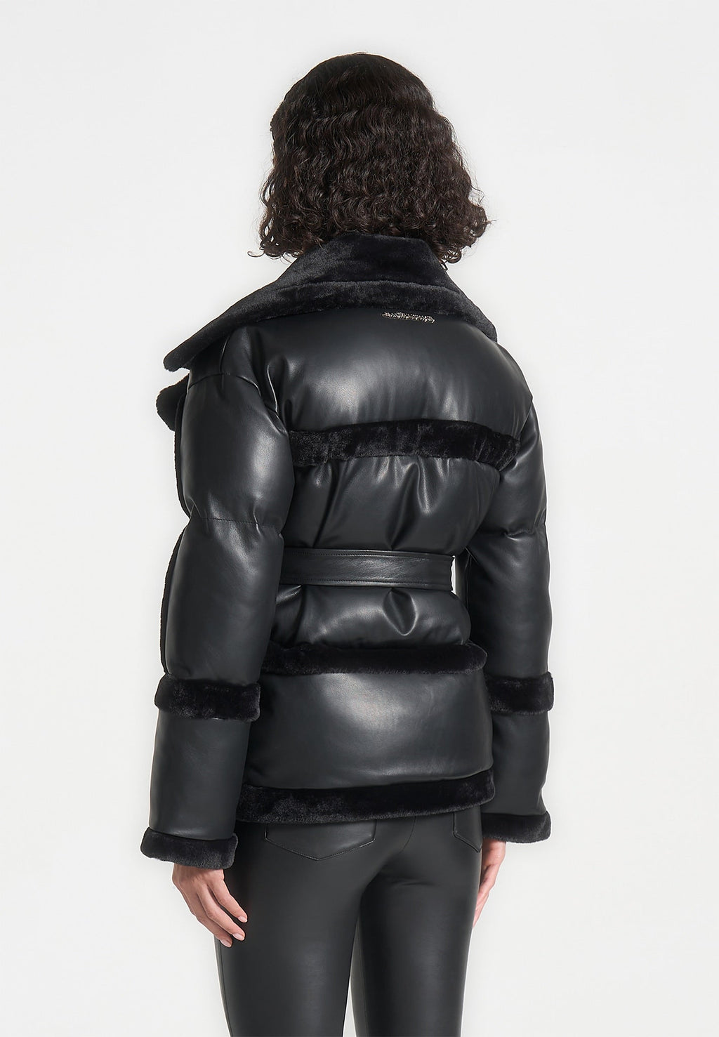 Blair - Leather and Plush Puffer Biker Jacket - Black