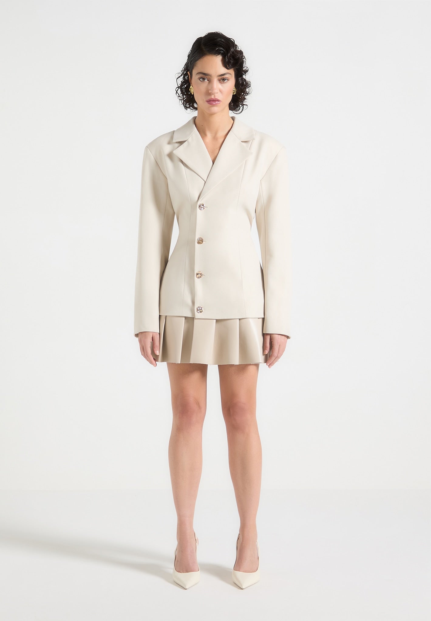 Nicole - Tailored Cinch Blazer Dress with Pleats - Cream/Beige
