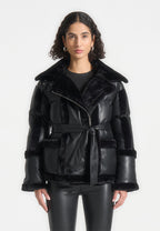 Blair - Leather and Plush Puffer Biker Jacket - Black