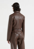 Ania - Wide Shoulder Pebbled Leather Jacket - Brown