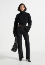 Amaya - Roll Neck Knit Jumper With Cuffs - Black