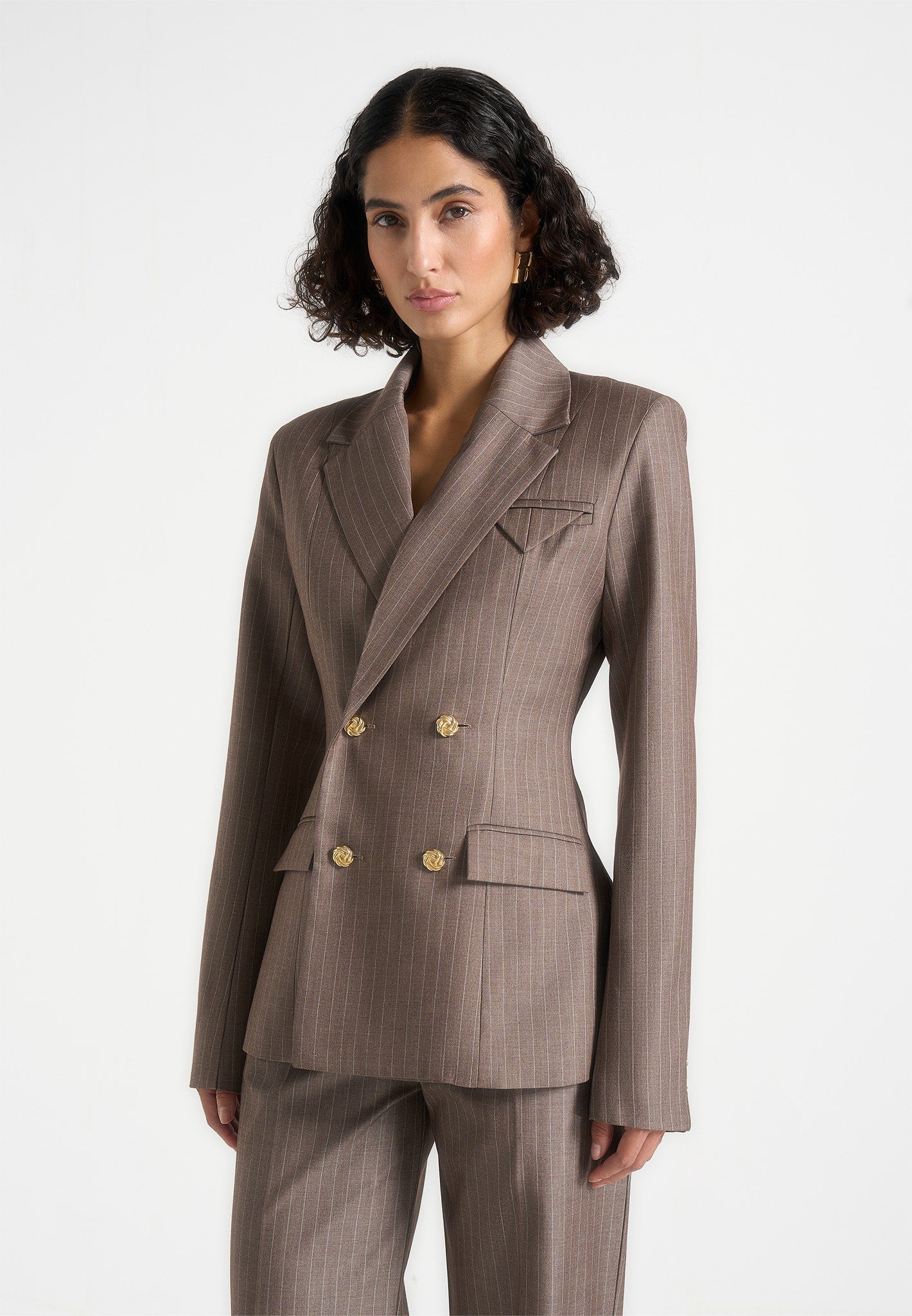 Maia - Pinstripe Double Breasted Blazer - Taupe