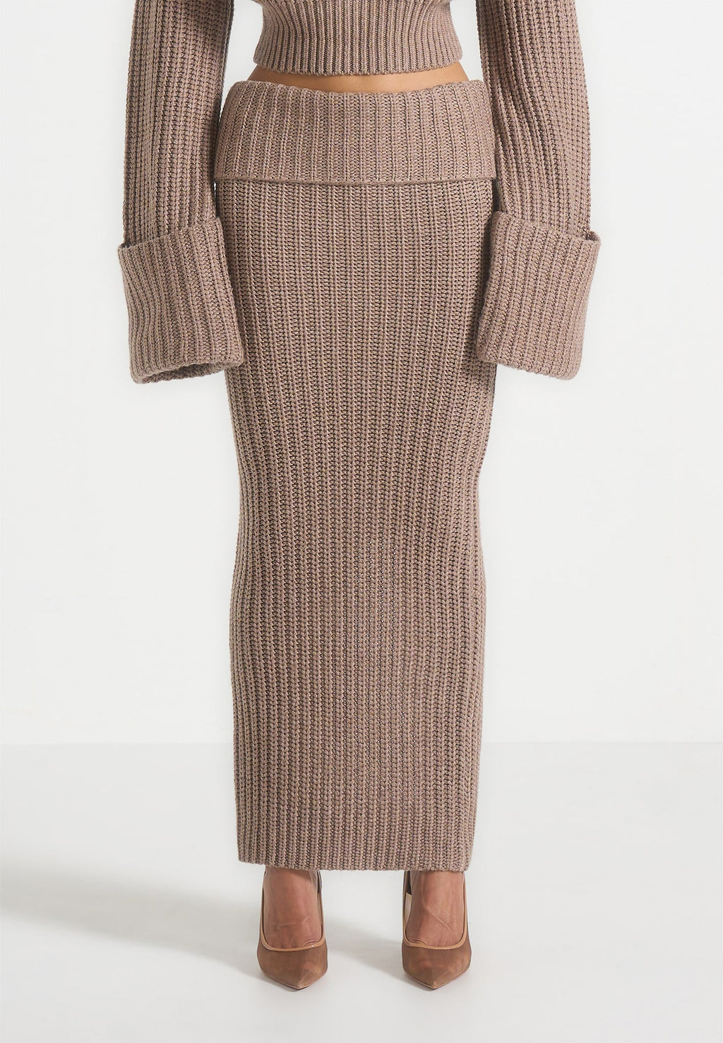 Lyra - Knit Maxi Skirt with Foldover - Taupe