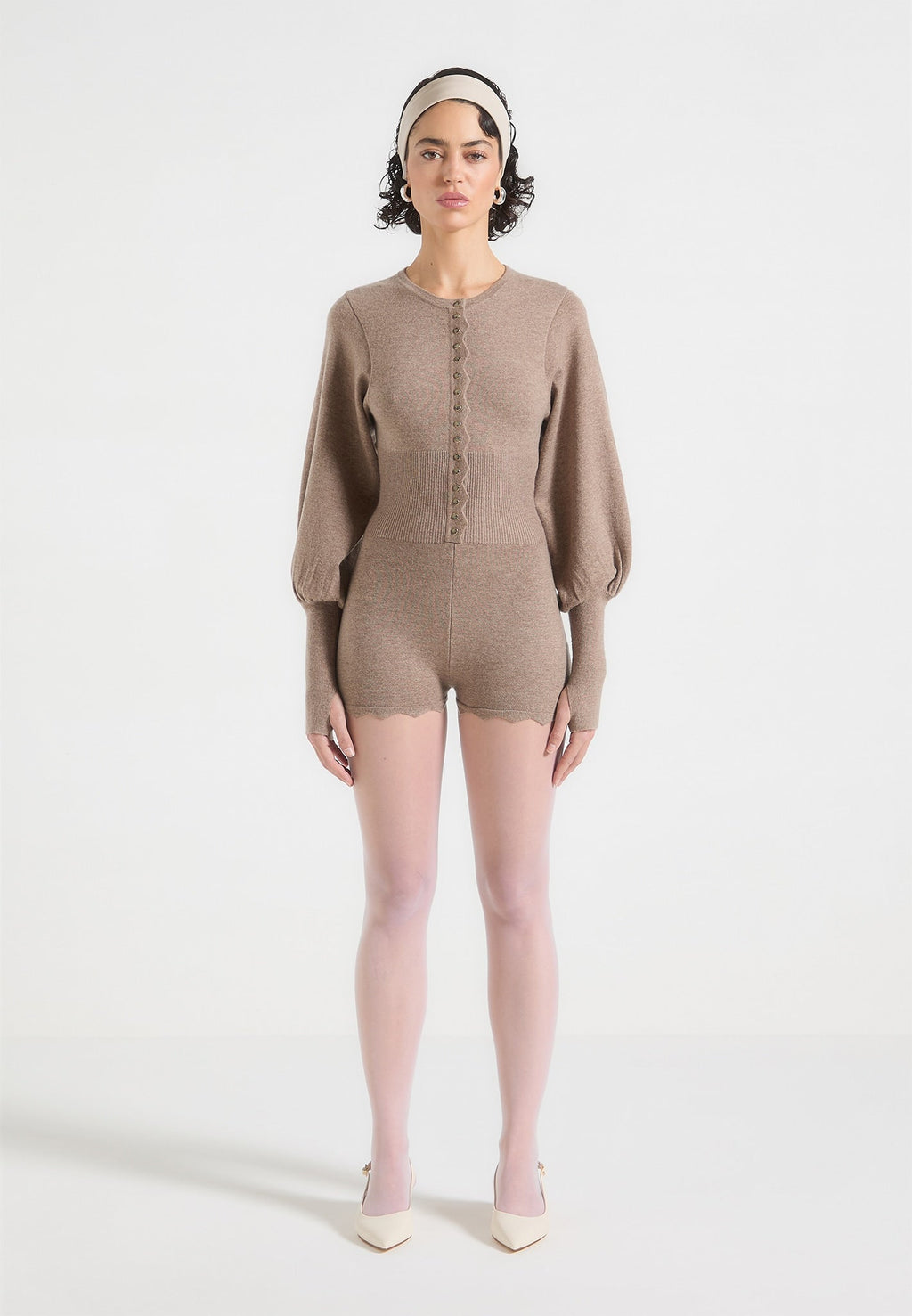 Michele - Knitted Scallop Hem Playsuit - Taupe