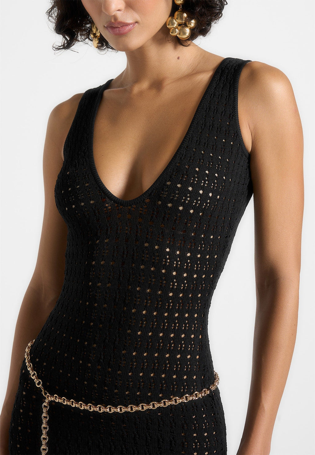 Myriam - Pointelle Plunge Midaxi Dress With Chain - Black