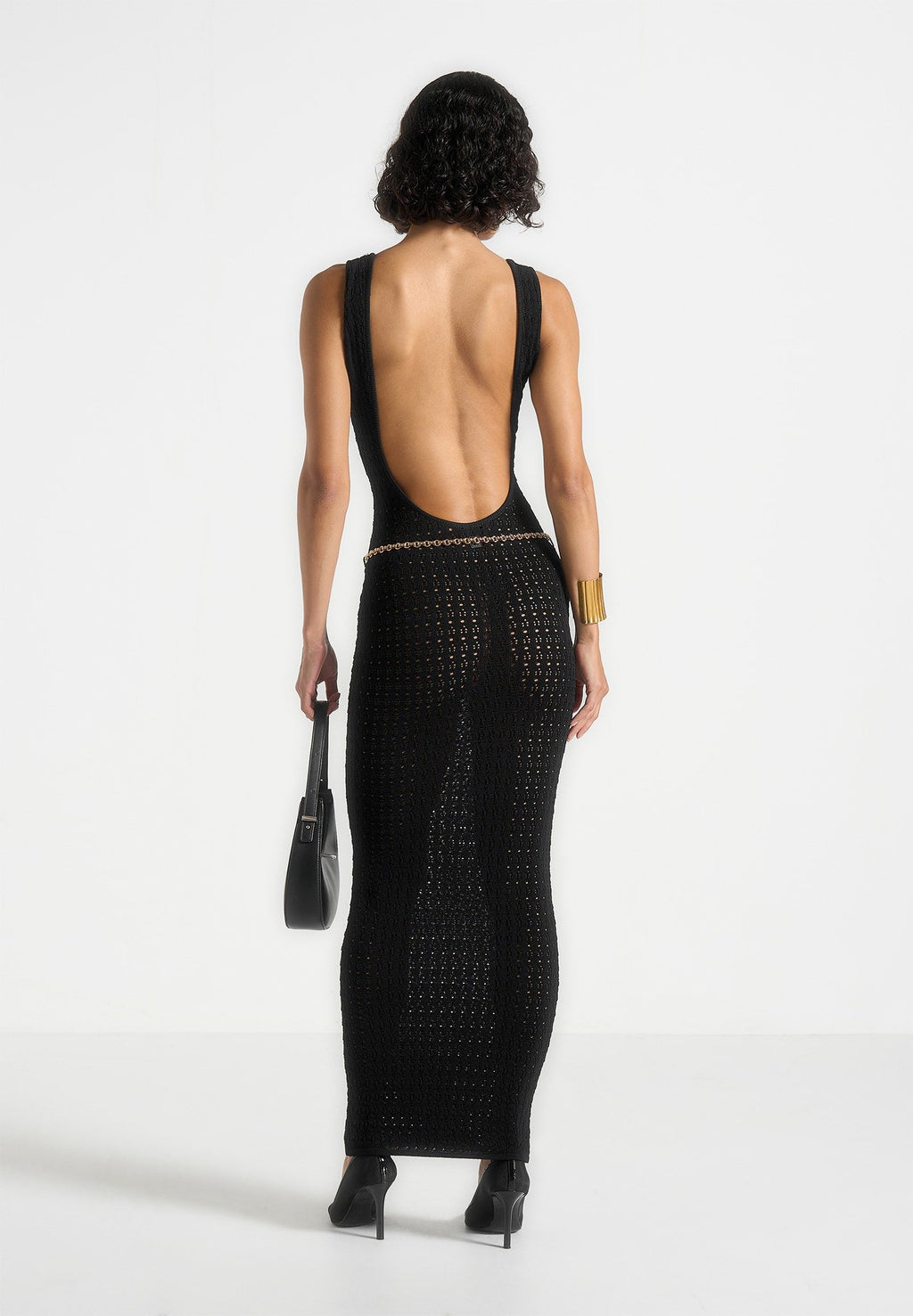 Myriam - Pointelle Plunge Midaxi Dress With Chain - Black