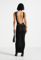 Myriam - Pointelle Plunge Midaxi Dress With Chain - Black