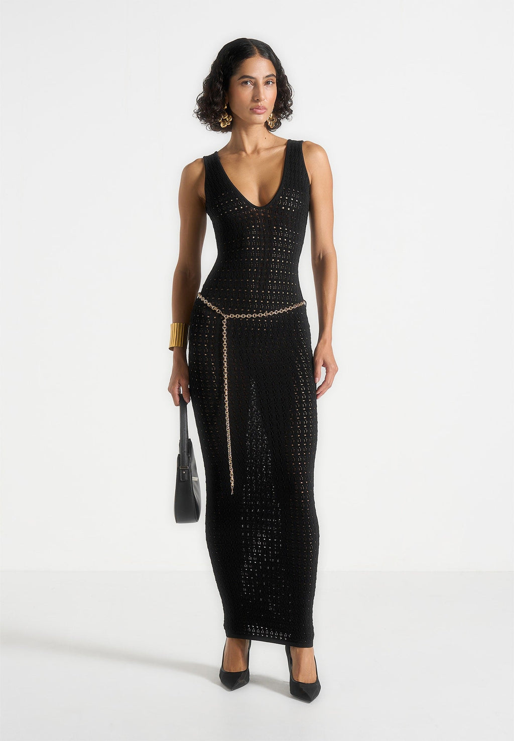 Myriam - Pointelle Plunge Midaxi Dress With Chain - Black