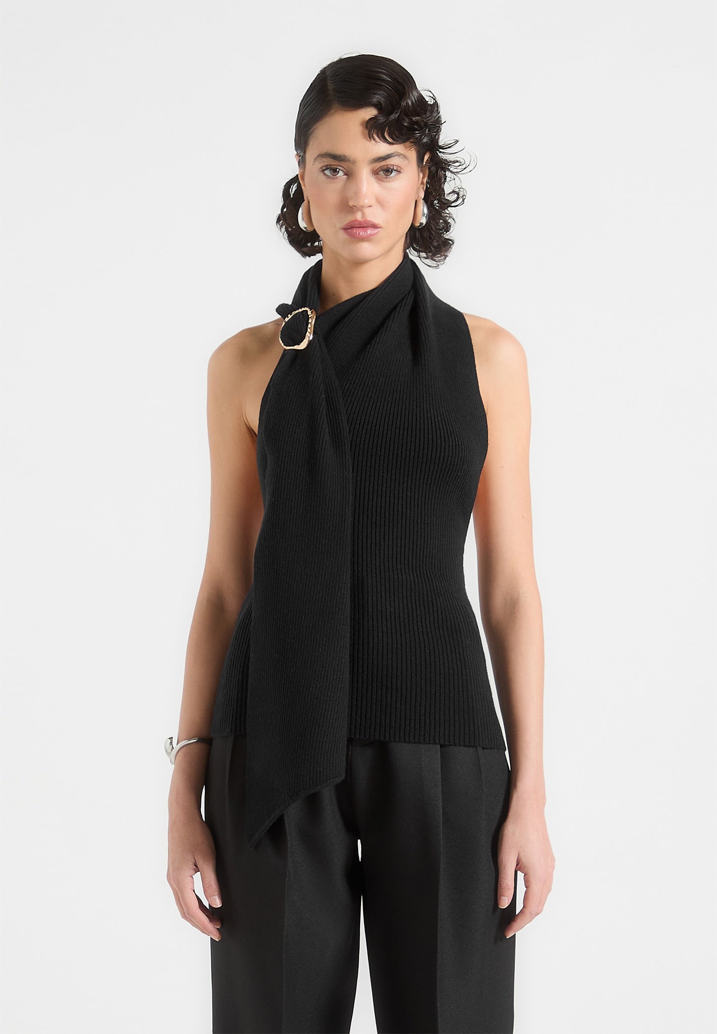 Elodie - Knitted Draped Halterneck Top - Black