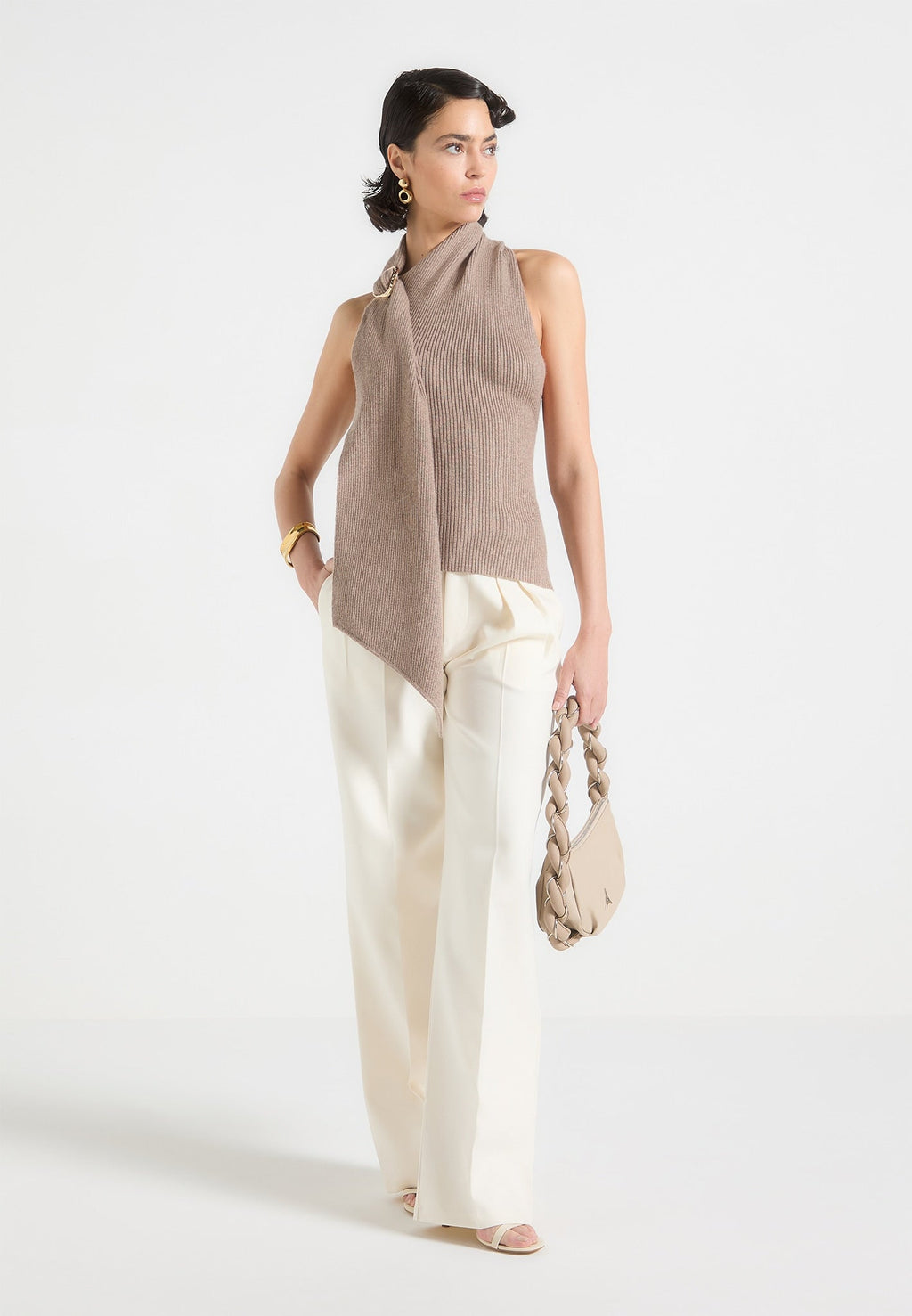 Elodie - Knitted Draped Halterneck Top - Taupe