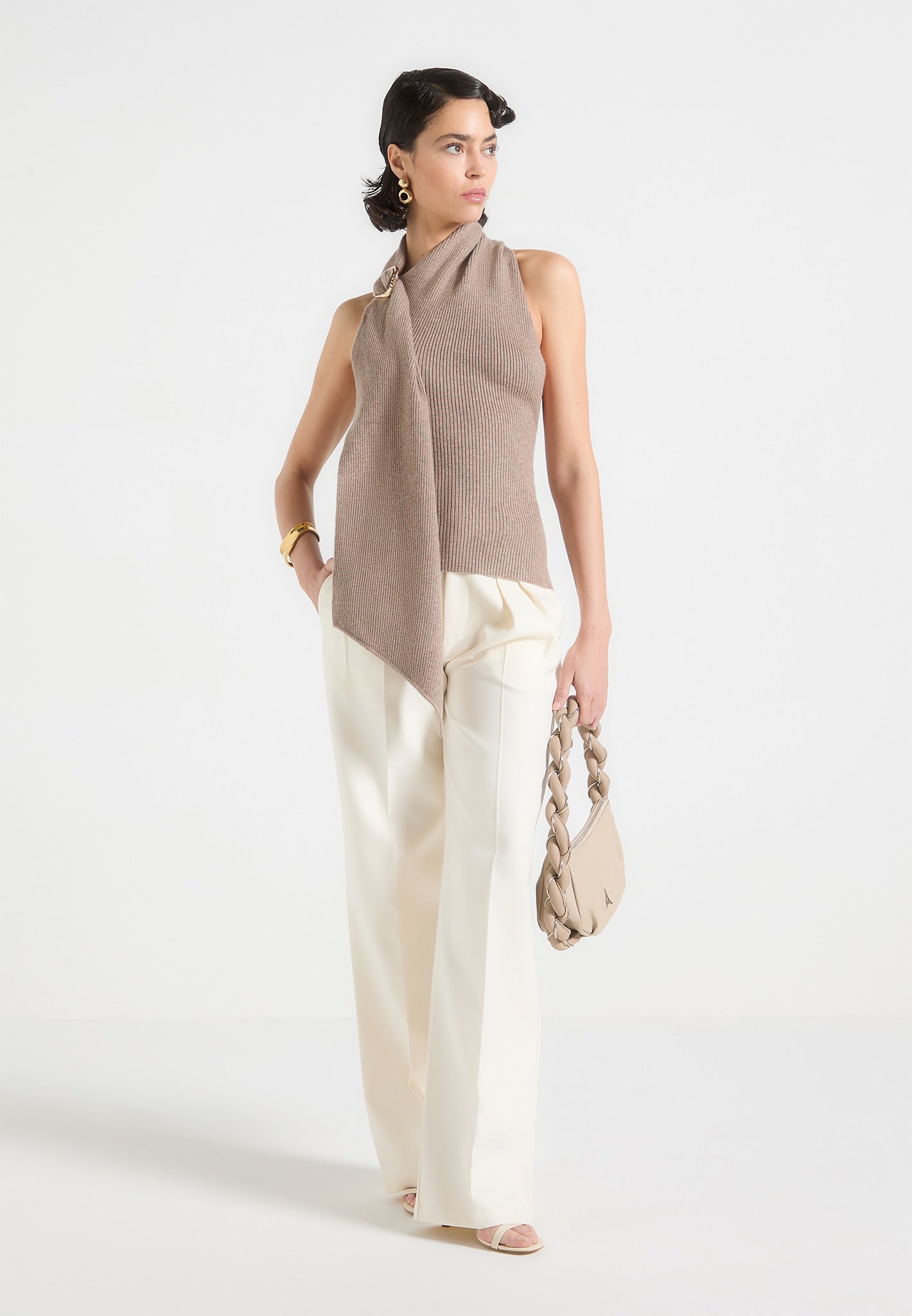 Elodie - Knitted Draped Halterneck Top - Taupe