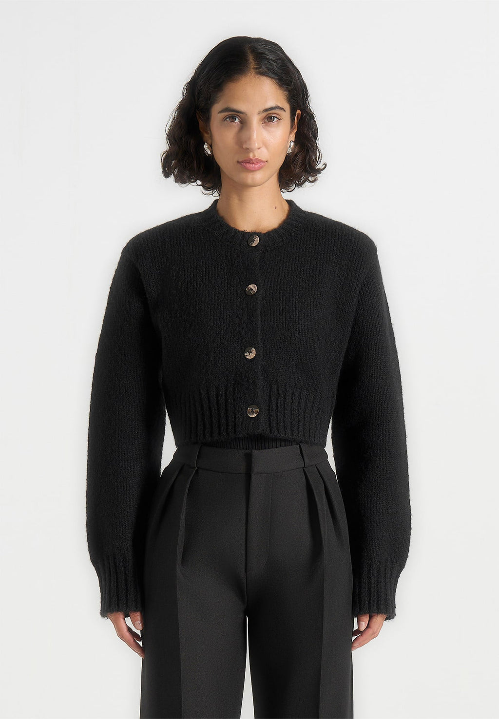 Caren - Brushed Wool Knit Cardigan - Black