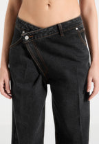 Astrid - Wrapover Denim Wide Leg Jeans - Washed Black