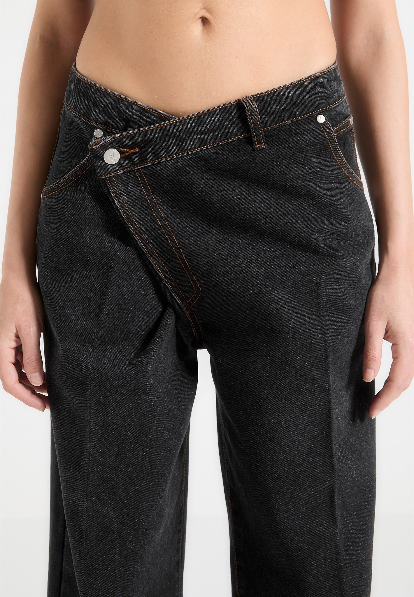 Astrid - Wrapover Denim Wide Leg Jeans - Washed Black