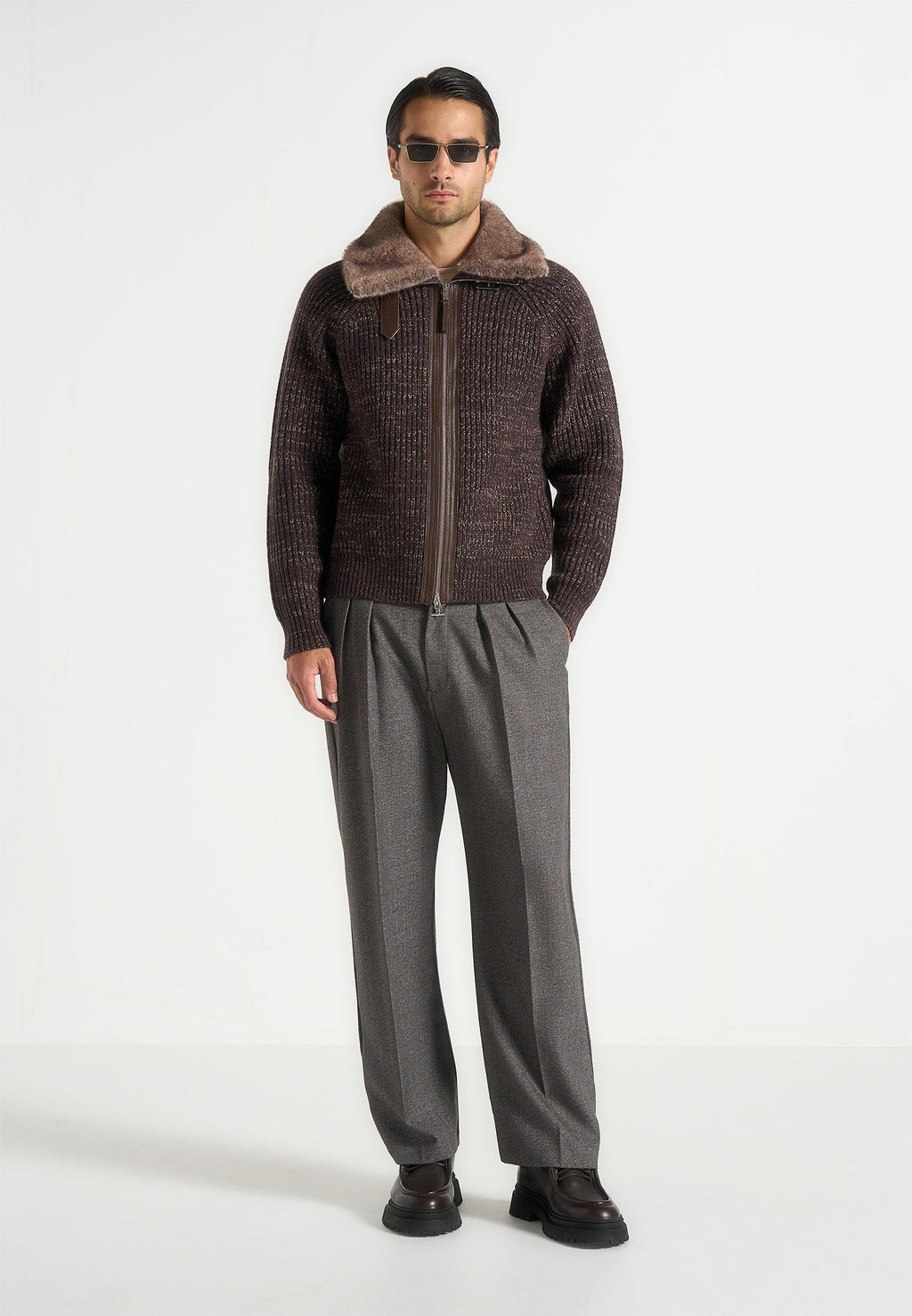 Ariel - Unisex Plush Collar Speckled Knit Jacket - Brown