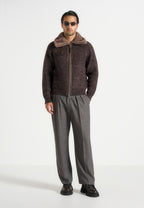 Ariel - Unisex Plush Collar Speckled Knit Jacket - Brown