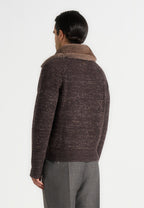 Ariel - Unisex Plush Collar Speckled Knit Jacket - Brown
