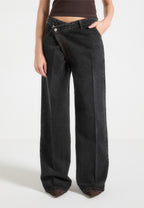 Astrid - Wrapover Denim Wide Leg Jeans - Washed Black