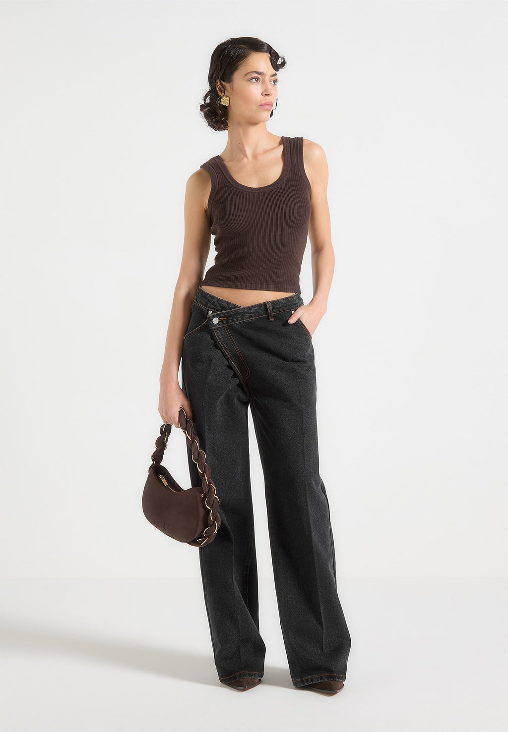 Astrid - Wrapover Denim Wide Leg Jeans - Washed Black