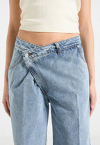 Astrid - Wrapover Denim Wide Leg Jeans - Mid Blue