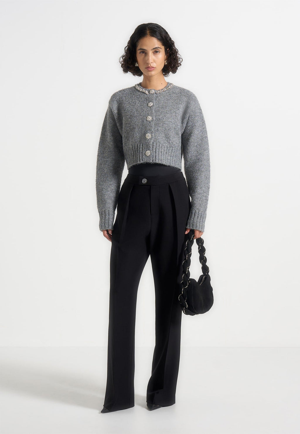 Caren - Embellished Brushed Wool Knit Cardigan - Grey