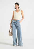 Astrid - Wrapover Denim Wide Leg Jeans - Mid Blue