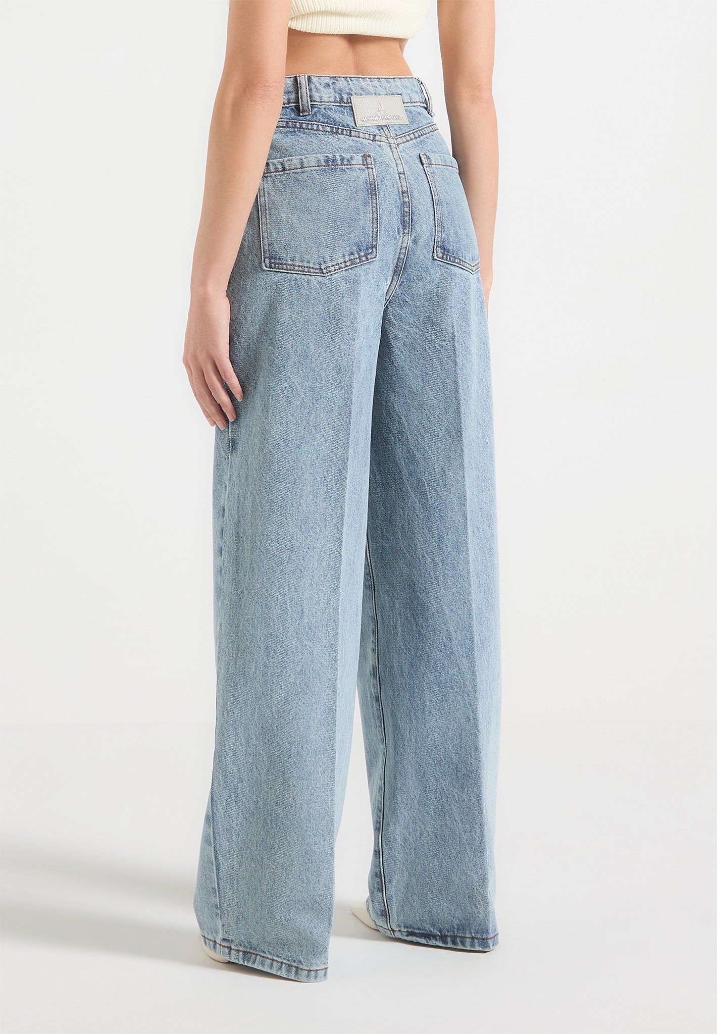 Astrid - Wrapover Denim Wide Leg Jeans - Mid Blue