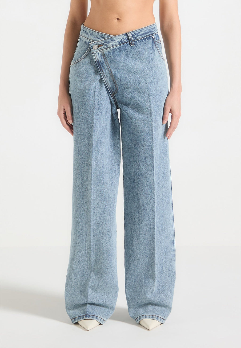 Astrid - Wrapover Denim Wide Leg Jeans - Mid Blue