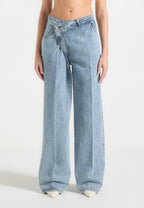 Astrid - Wrapover Denim Wide Leg Jeans - Mid Blue