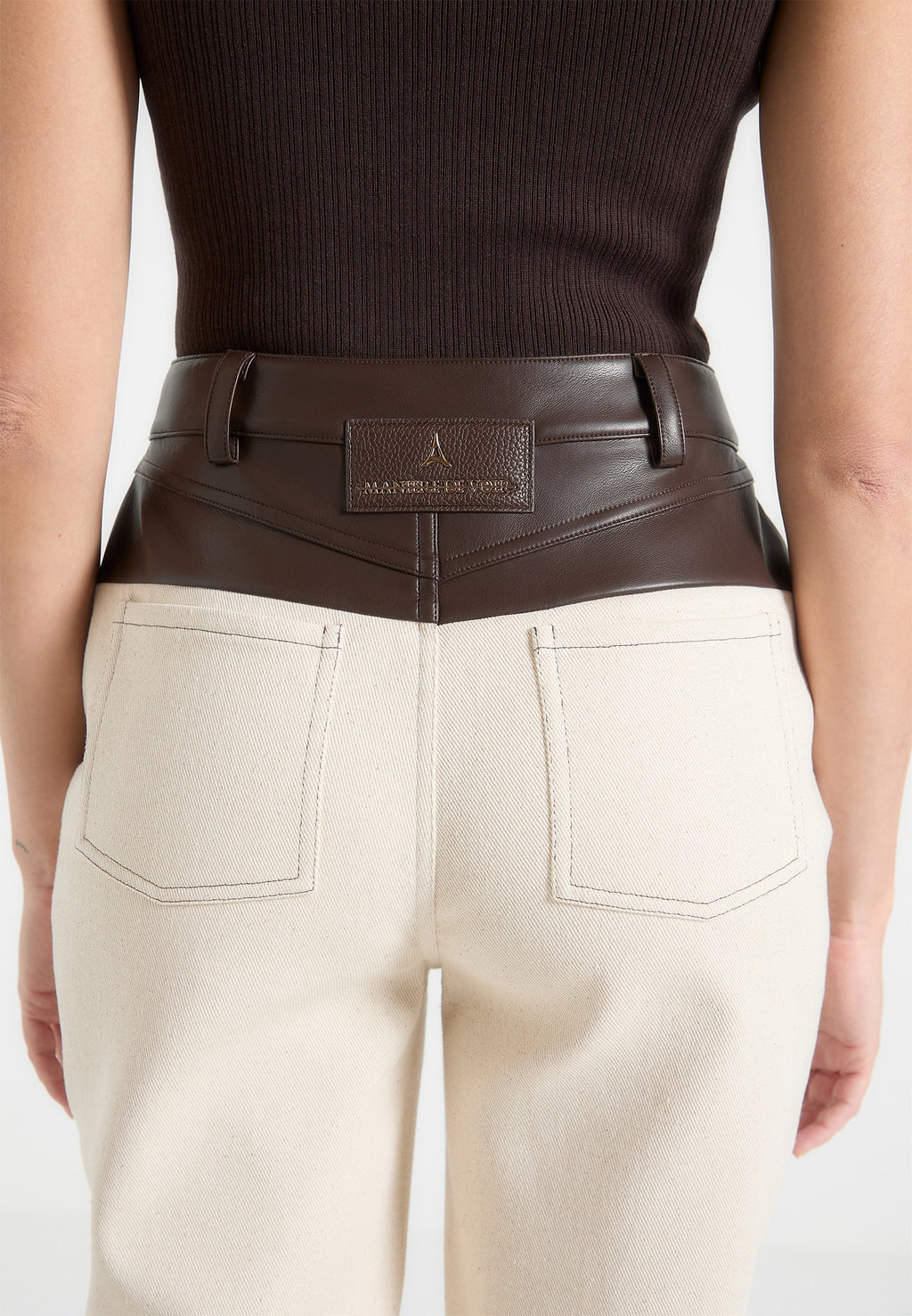 Renee - Leather & Denim Straight Leg Jeans - Cream/Brown