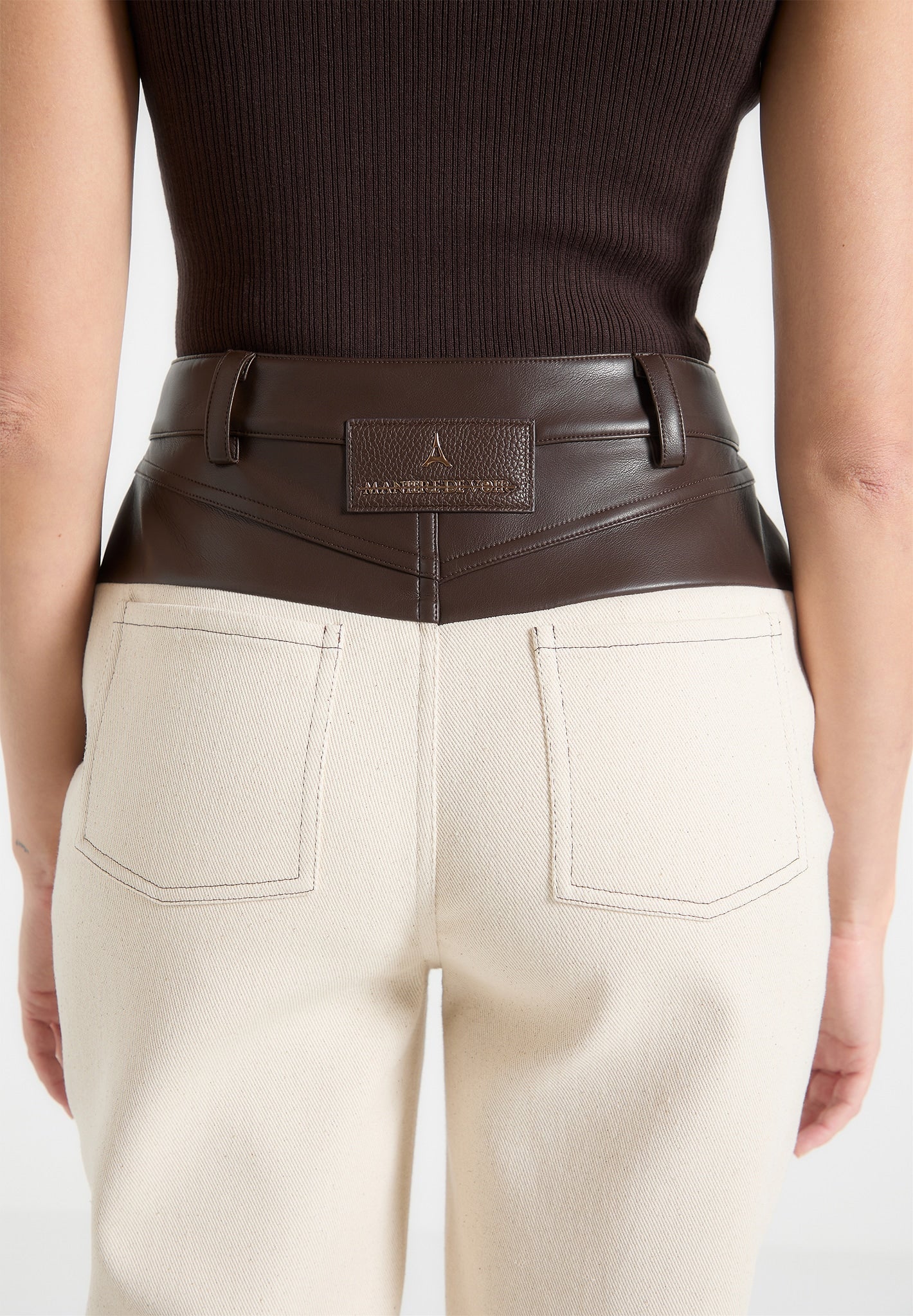 Renee - Leather & Denim Straight Leg Jeans - Cream/Brown