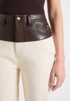 Renee - Leather & Denim Straight Leg Jeans - Cream/Brown