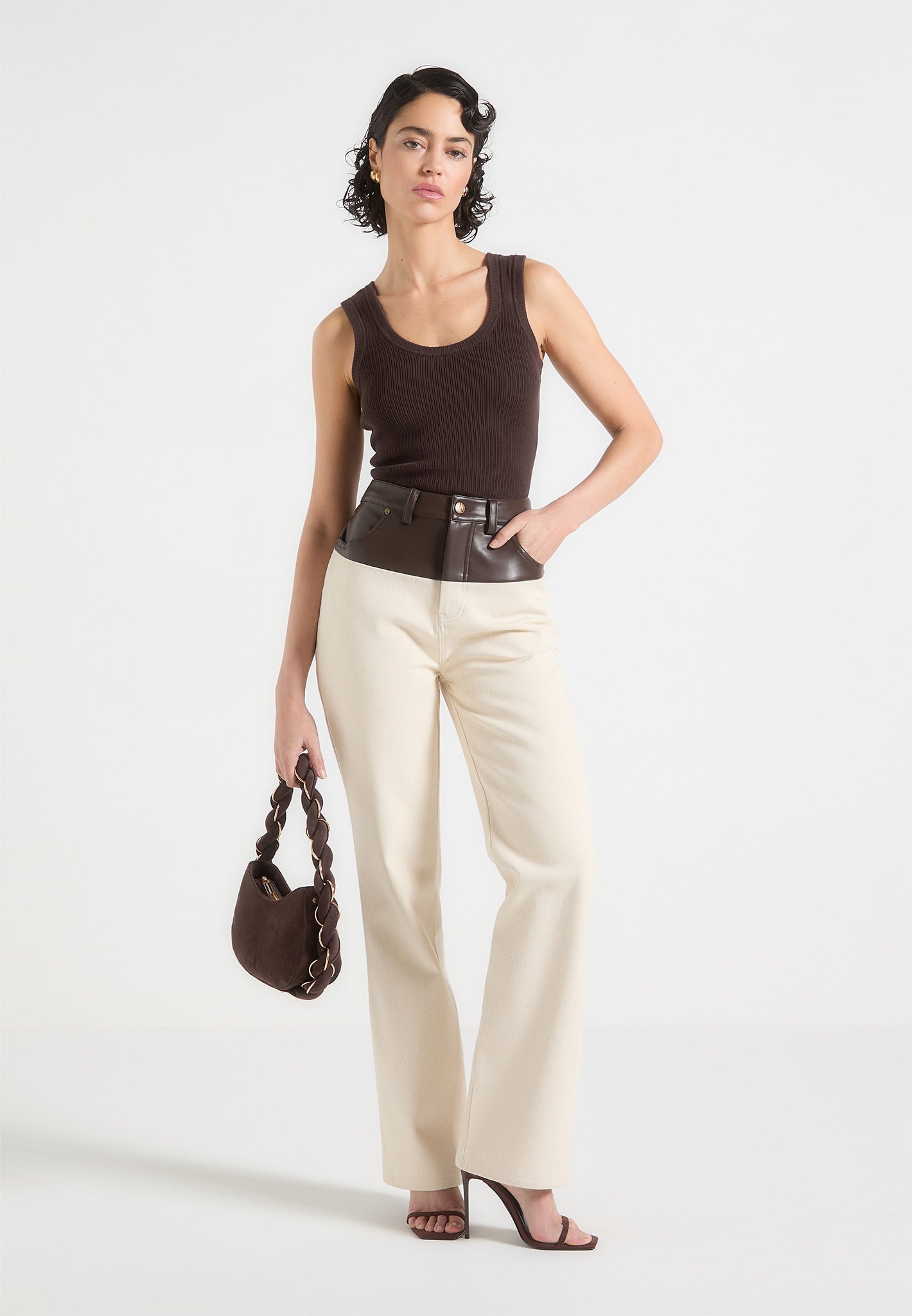 Renee - Leather & Denim Straight Leg Jeans - Cream/Brown
