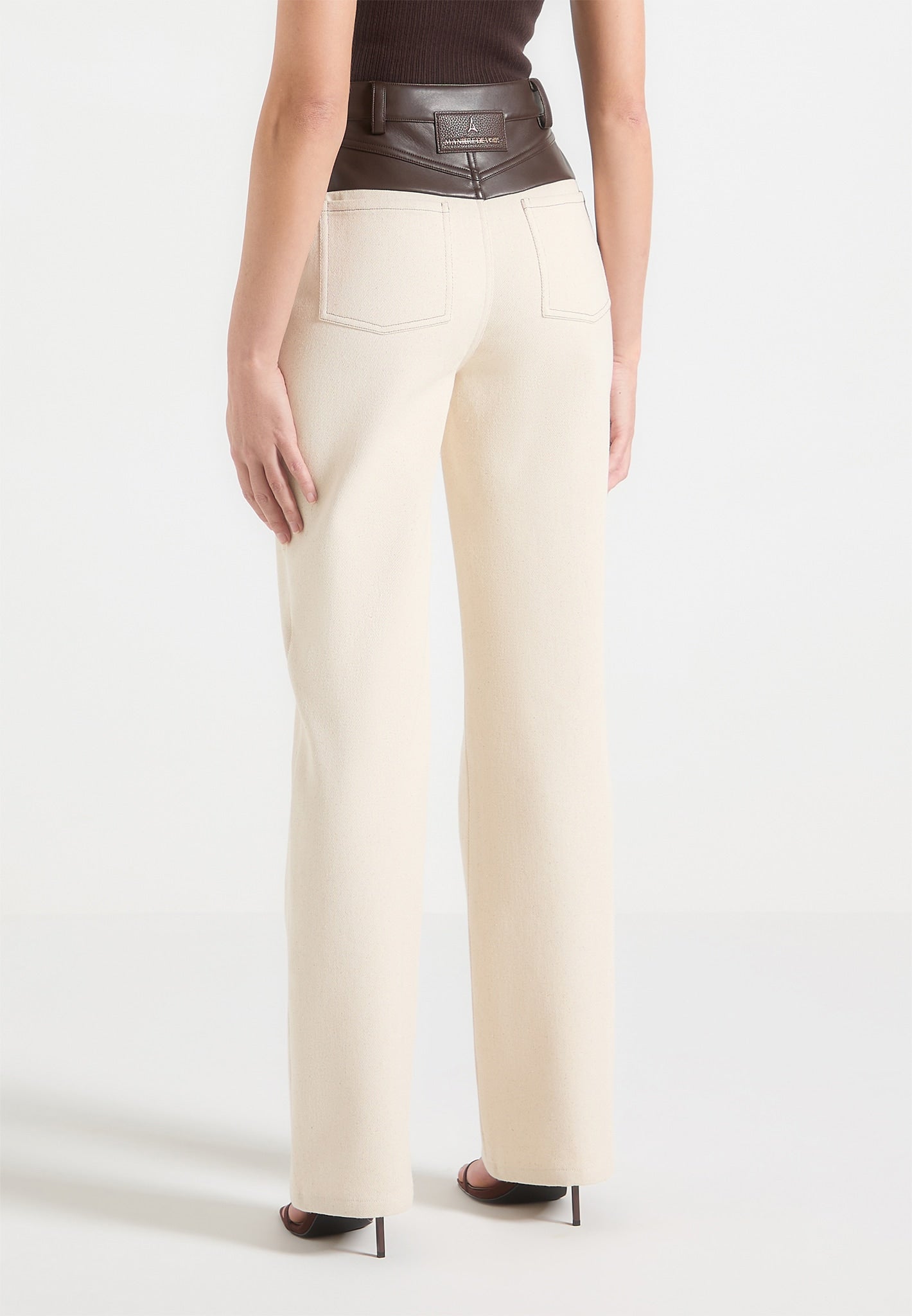 Renee - Leather & Denim Straight Leg Jeans - Cream/Brown
