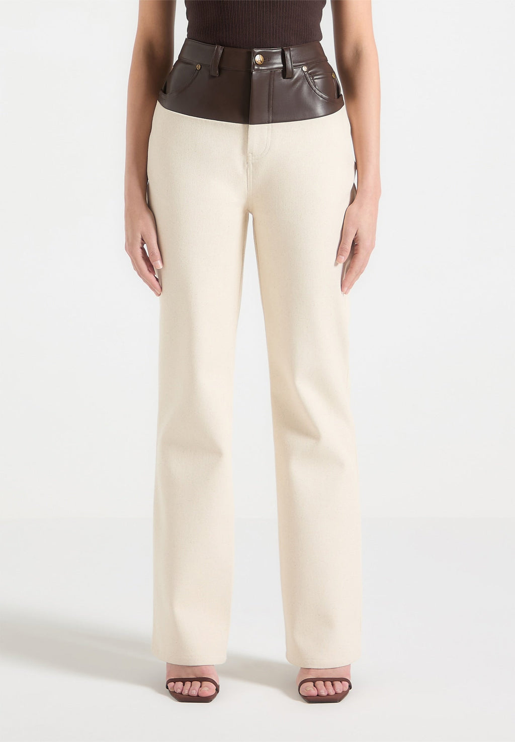 Renee - Leather & Denim Straight Leg Jeans - Cream/Brown