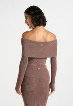 Shana - Asymmetric Bardot Top With Hardware Detail - Taupe