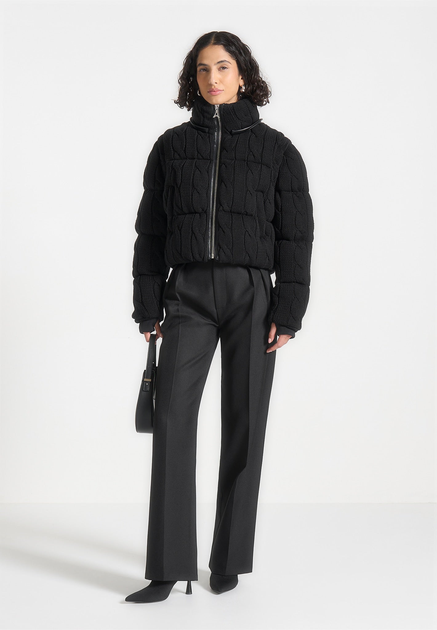 Kristina - 2-in-1 Cable Knit Puffer Jacket/Gilet - Black