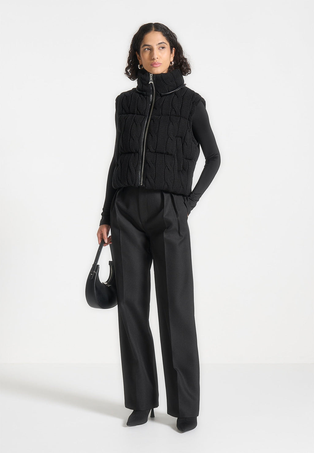 Kristina - 2-in-1 Cable Knit Puffer Jacket/Gilet - Black