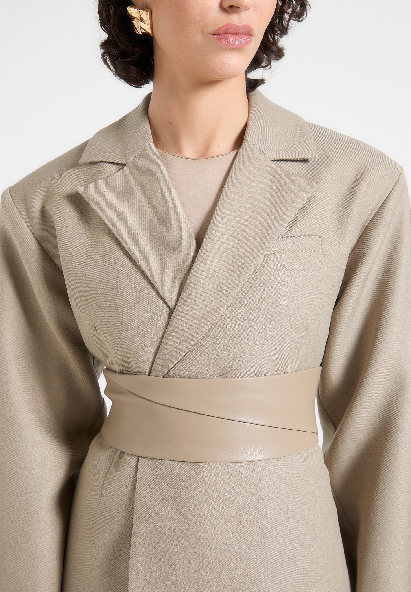 Marie - Twist Sleeve Tailored Blazer with Belt - Taupe
