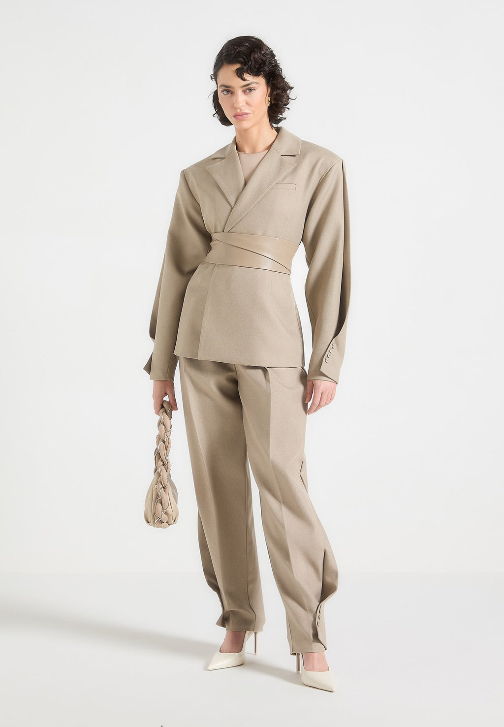 Marie - Twist Sleeve Tailored Blazer with Belt - Taupe